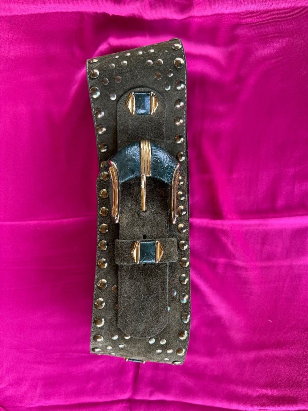 Tequila Mexico Wide Studded Leather Belt – Olive Suede w/ Blue & Gold Buckle